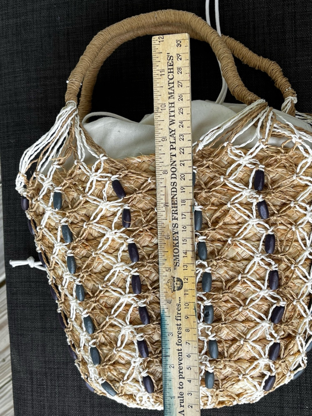 J. Crew Sedona Beaded Basket Bucket Bag Woven Straw Raffia Canvas Drawstring - Picture 11 of 16
